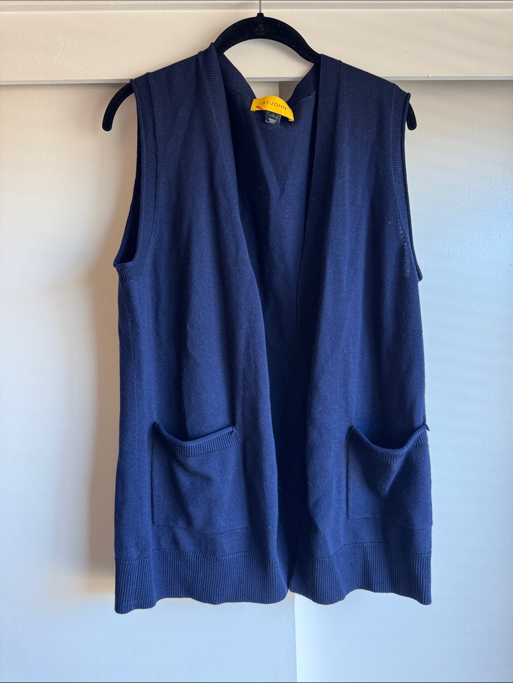 St. John Navy Sleeveless Open-Front Knit Vest with Pockets Large Wool